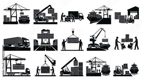 Cargo shipping logistics icons: cranes, ships, trucks, containers, forklift, workers
