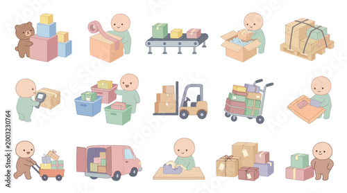 Cute Baby Characters and Packages, Delivery and Logistics Icons, Flat Design