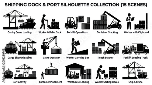 Shipping Dock  Port Silhouettes: Industrial Logistics and Transportation Icons
