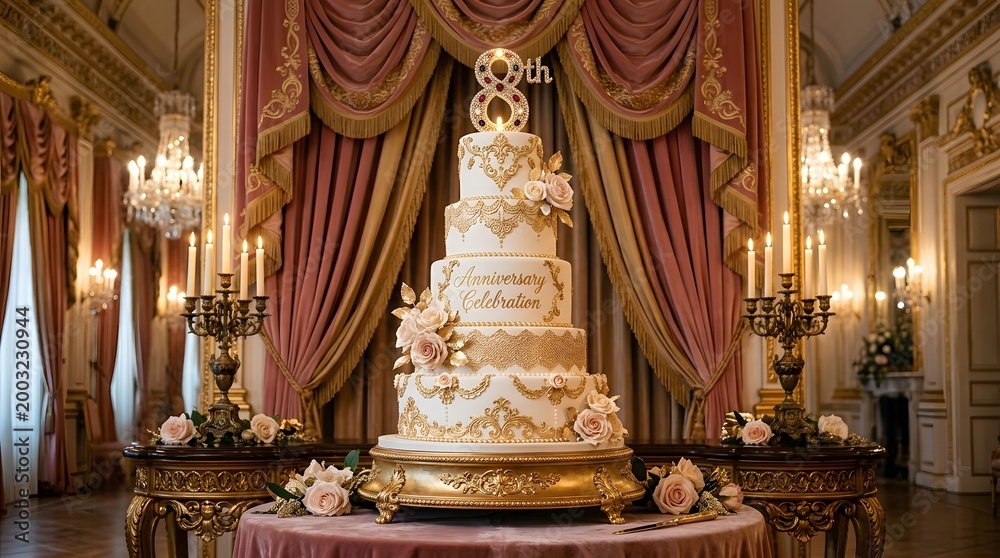 Fototapeta premium Elegant multitiered anniversary cake with gold ornate decorations in a luxurious ballroom setting