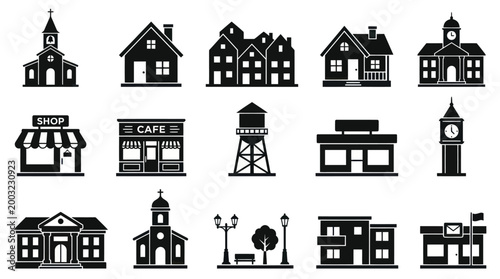 Black and White Urban City Community Buildings Architecture Glyph Icons Set