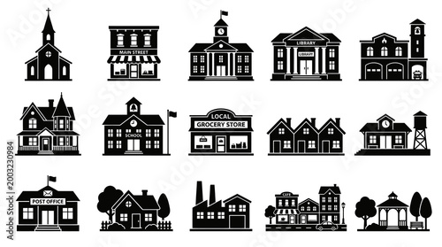 Urban Community Buildings Glyph Icons Set - Architecture  Town Structures Silhouettes