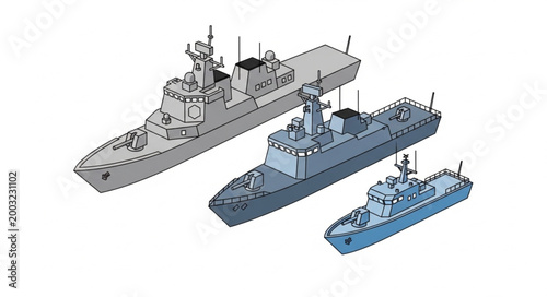 Three Military Ships in Different Colors and Sizes.