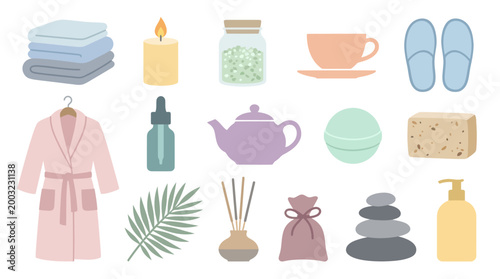 Spa and Wellness Flat Vector Icons: Robe, Candle, Bath Bomb, Stones, Soap