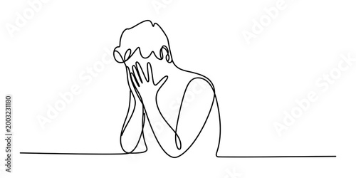 Person covering face with hands in despair, single line drawing