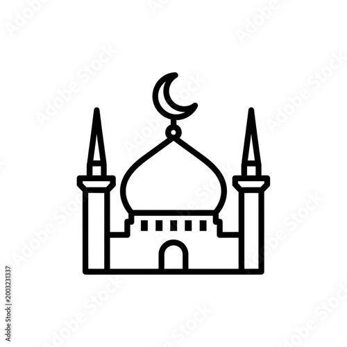 Striking minimalist line art icon of an Islamic mosque, featuring a prominent dome, towering minarets, and a crescent moon, symbolizing a sacred place of worship, faith, and spiritual devotion