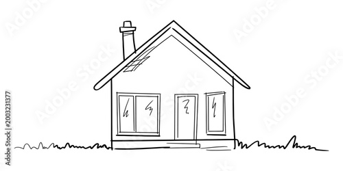Simple hand-drawn house with a chimney and windows, standing on grass