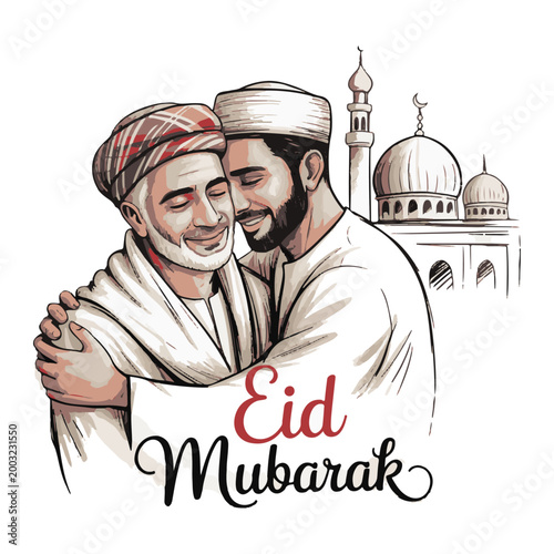 Warm illustration of two Muslim men embracing during a festive holiday, representing peace, community, and cultural tradition
