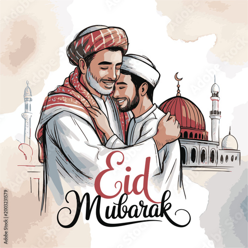 Joyful Eid Mubarak embrace between two men, celebrating Muslim brotherhood and festive togetherness with a mosque in the background