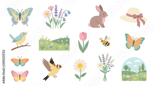Spring flat design icons: bunny, butterfly, flowers, bird, bee, hat, landscape