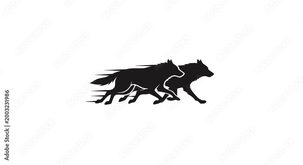 Fototapeta premium Two wolves running, dynamic silhouette, motion blur effect, wild animals concept