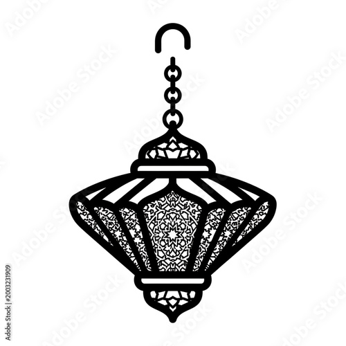 Decorative Moroccan Lantern with Intricate Geometric Patterns Hanging from a Chain