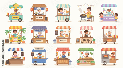 Food Stalls Vector Art - Diverse Street Food Vendors, Flat Style
