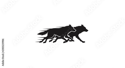 Two wolves running, dynamic silhouette, motion blur effect, wild animals concept