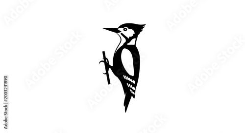 Woodpecker Silhouette Perched on Branch, Black and White Vector Art