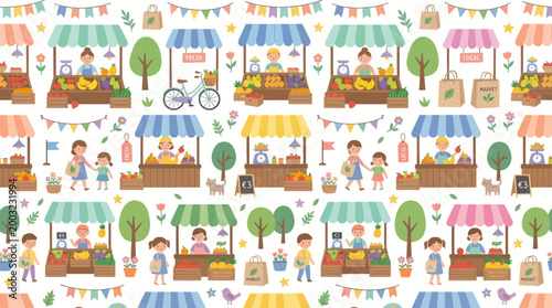 Cute farmers market stalls with fruits, vegetables, people, and bicycle