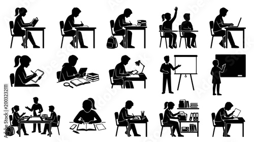 Black and White Vector Icons of Students Studying and Learning in Classroom