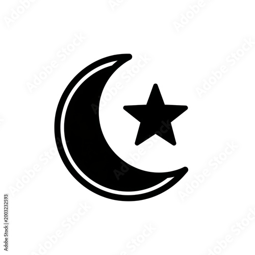 A minimalistic black crescent moon and star symbol on a white background, representing celestial harmony, spiritual guidance, and the tranquil beauty of the night sky