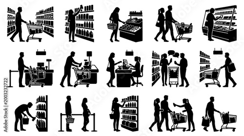 Black and White Silhouettes of People Shopping in a Grocery Store