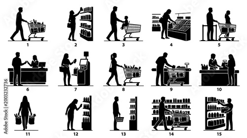 Black and White Silhouette Icons of Grocery Shopping and Supermarket Activities