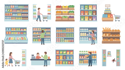 Flat Design Supermarket Shelves with Food and Shoppers