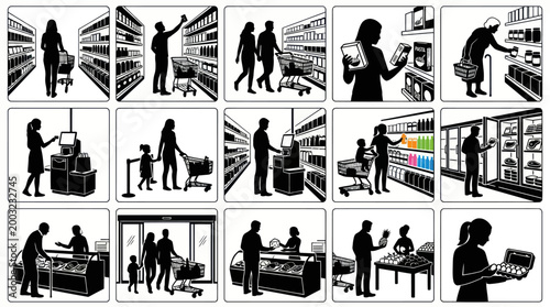 Black and White Grocery Shopping Scene Vector Icons