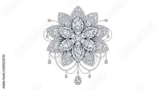 Rhinestone Flower Necklace Vector Motif with Sparkling Crystal Floral Design for Transfer Print Decoration
