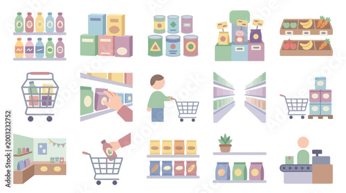 Flat Vector Icons of Grocery Shopping and Supermarket Elements