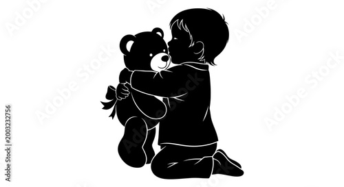 Silhouette of a small child hugging a teddy bear toy.