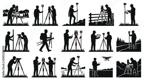 Surveyors with Equipment Icons: Construction, Geodesy, Technology, Black  White
