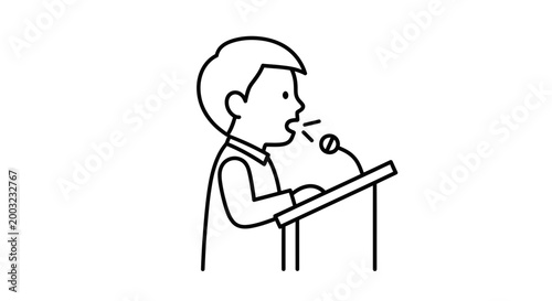 Minimalist line art illustration of a person speaking at a podium.