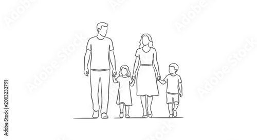 Continuous line drawing of a happy family with two children.
