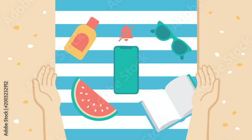 Flat vector illustration from top view showing a sunny summer beach towel with a mobile phone on silent mode alongside sunglasses sunscreen watermelon and a book for digital detox