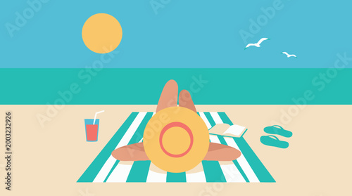 Colorful flat vector illustration showing a relaxed woman wearing a straw hat sunbathing on a striped towel at a beautiful sunny summer tropical beach with blue sky and ocean