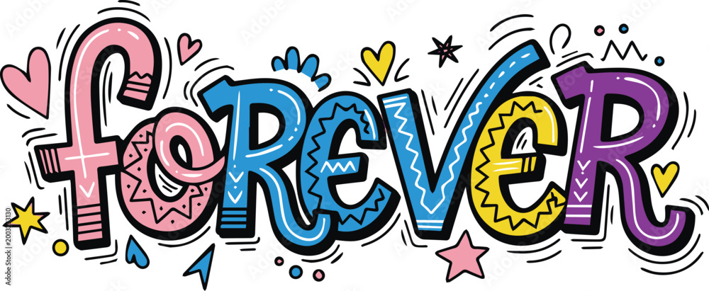 Fototapeta premium Vibrant Forever Typography with Romantic Heart Icons and Doodles
