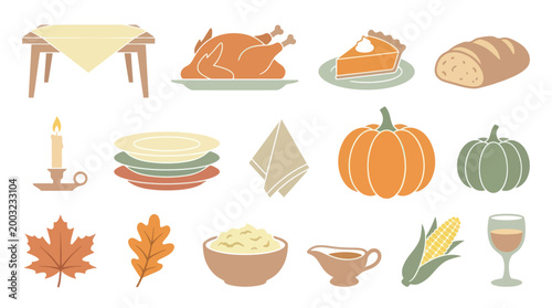 Thanksgiving Feast Icons - Flat Style Vector Illustration