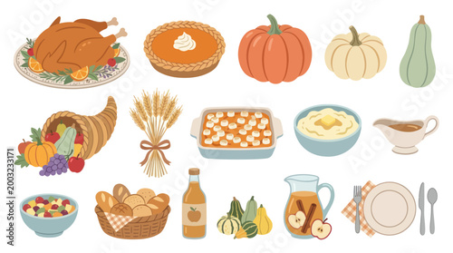 Thanksgiving Food Collection Flat Vector Illustration of Autumn Harvest Meal