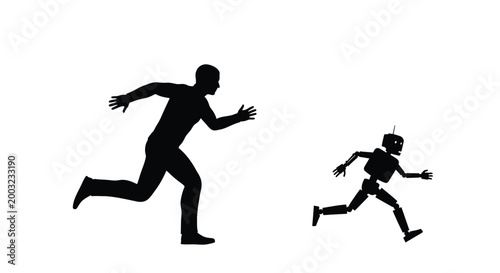 Silhouette graphic illustration of a man and a robot running together in a chase