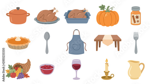 Thanksgiving Food and Decor Flat Icons - Autumn Harvest Celebration