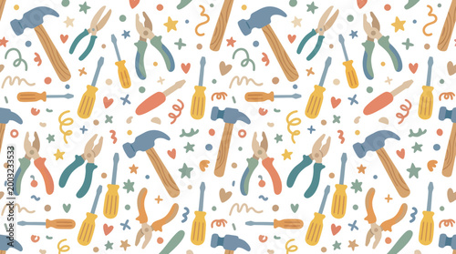 Cute Cartoon Tool Pattern: Hammers, Pliers, Screwdrivers, Stars, Hearts