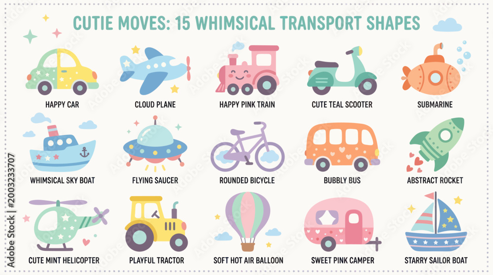 Fototapeta premium Cutie Moves: 15 Whimsical Transport Shapes Flat Illustration for Kids Education