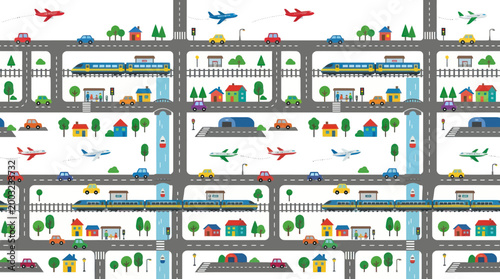 Flat Art Cityscape With Transportation: Cars, Trains, Airplanes