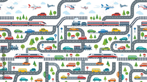 Transportation Network Seamless Pattern with Flat Design Vehicles, Roads, and Railways