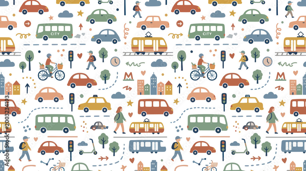 Naklejka premium Cute Cartoon City Transportation Seamless Pattern - Cars, Buses, Trams, People