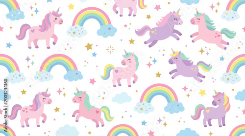 Cute Unicorns and Rainbows Pattern, Vector Illustration, Kawaii Art Style