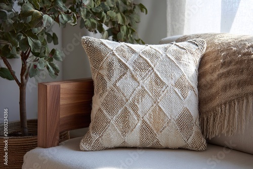 neutral-toned handwoven cushion cover with stitched diamonds
