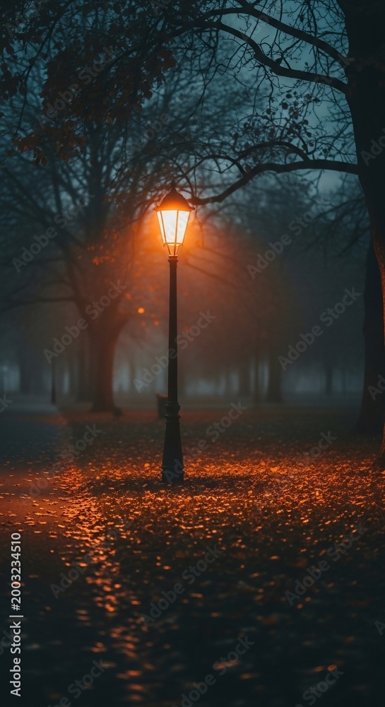 Fototapeta premium Mysterious Glowing Lamp Post in Foggy Autumn Park at Night.