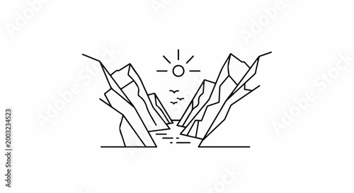 Minimalist line art of sun, birds, mountains, and river
