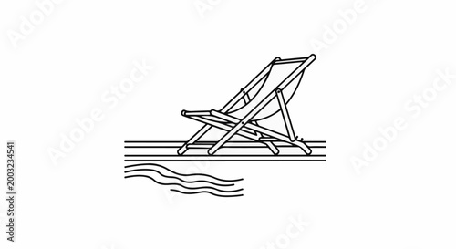 Minimalist line art of a deck chair on a wooden deck with waves