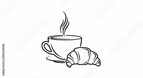 Minimalist line art of a steaming coffee cup with a croissant